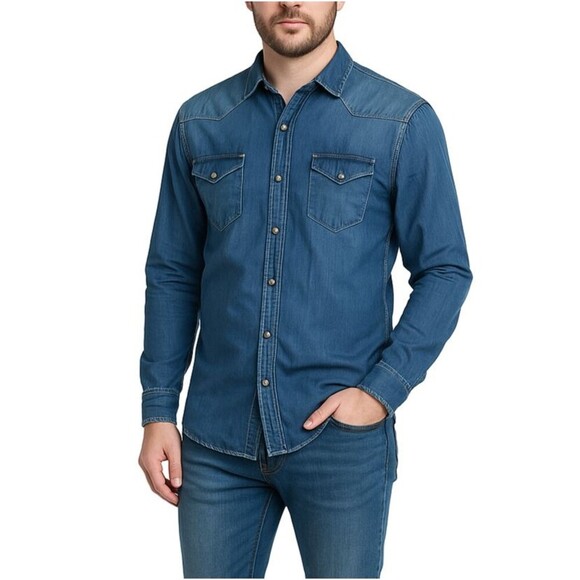 Zara Man Slim Fit Western Denim Shirt Size M Snap Front Long Sleeve Blue Cowboy - Picture 3 of 7